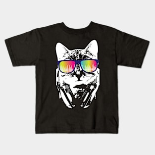 Music Cat Shirt Cool Kitten Headphones Sunglasses Kids T-Shirt